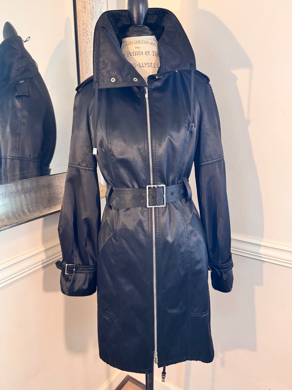 Karen Millen Black High Collar Belted Trench Coat | Silver Accents | Size 6 US